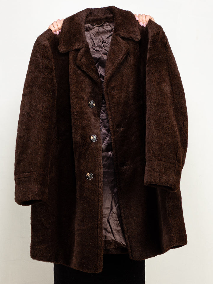 Faux Fur Coat brown vintage 60's teddy coat warm winter outerwear boho mod retro midi overcoat peter hahn peacoat size extra large XL