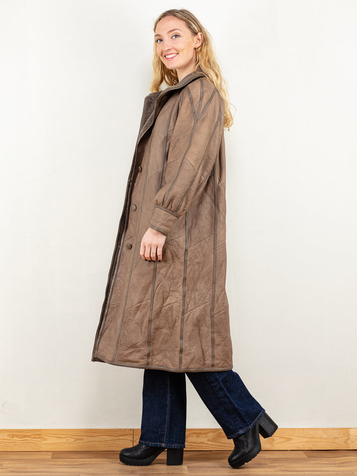 Brown Sheepskin Coat women vintage 80's raglan patchwork shearling outerwear jacket coat women vintage clothing size large
