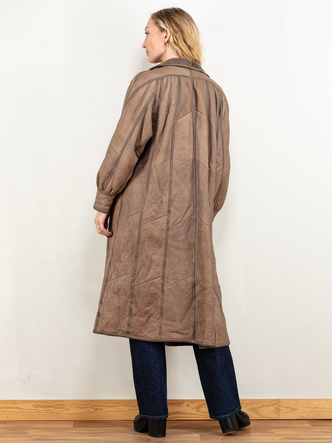 Brown Sheepskin Coat women vintage 80's raglan patchwork shearling outerwear jacket coat women vintage clothing size large