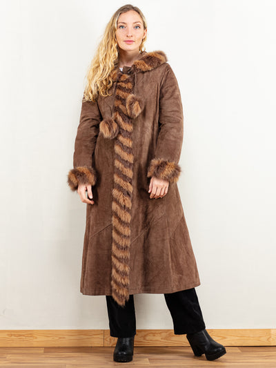Women Suede Coat 80's vintage brown suede fur collar coat winter outerwear warm boho bohemian western hippie penny lane size small