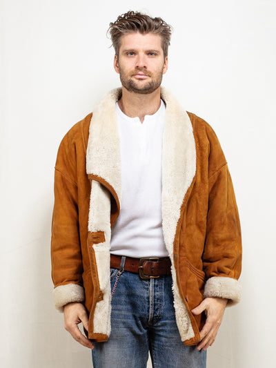 Shearling Sheepskin Coat 80's men vintage sustainable overcoat brown warm winter outerwear western style hippie casual size extra large XL