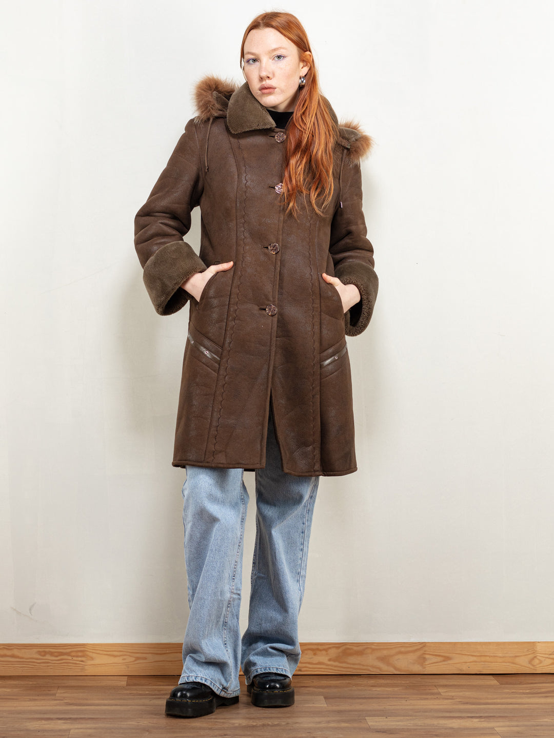 Faux Suede Coat vintage 90's women button up hooded coat boho hippie overcoat y2k style faux sheepskin leather coat western size small
