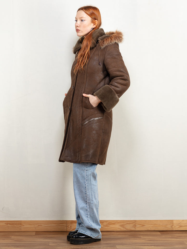 Faux Suede Coat vintage 90's women button up hooded coat boho hippie overcoat y2k style faux sheepskin leather coat western size small