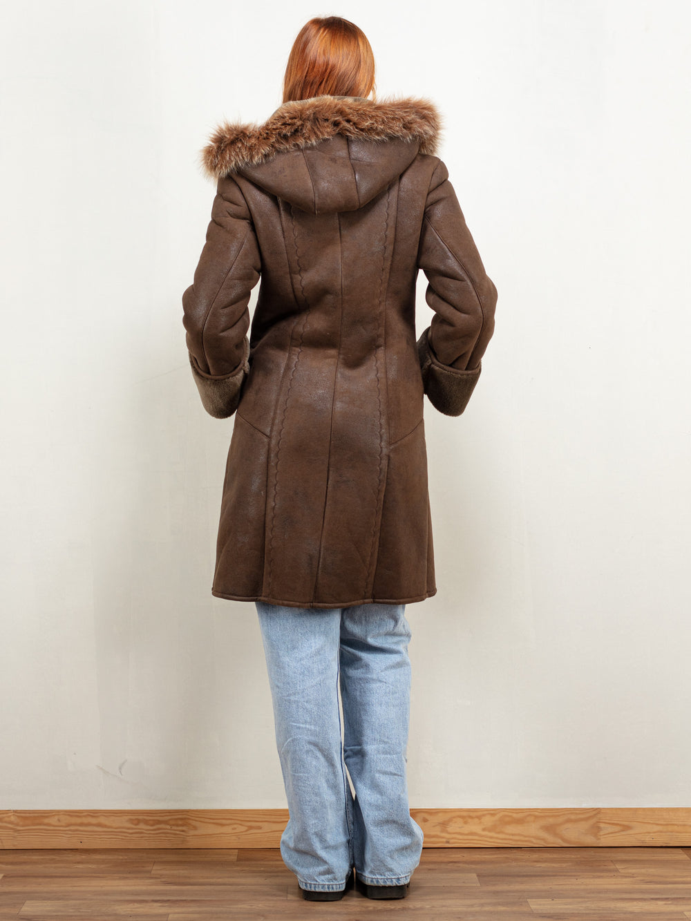Vintage 90's Women Hooded Faux Suede Coat in Brown - NorthernGrip