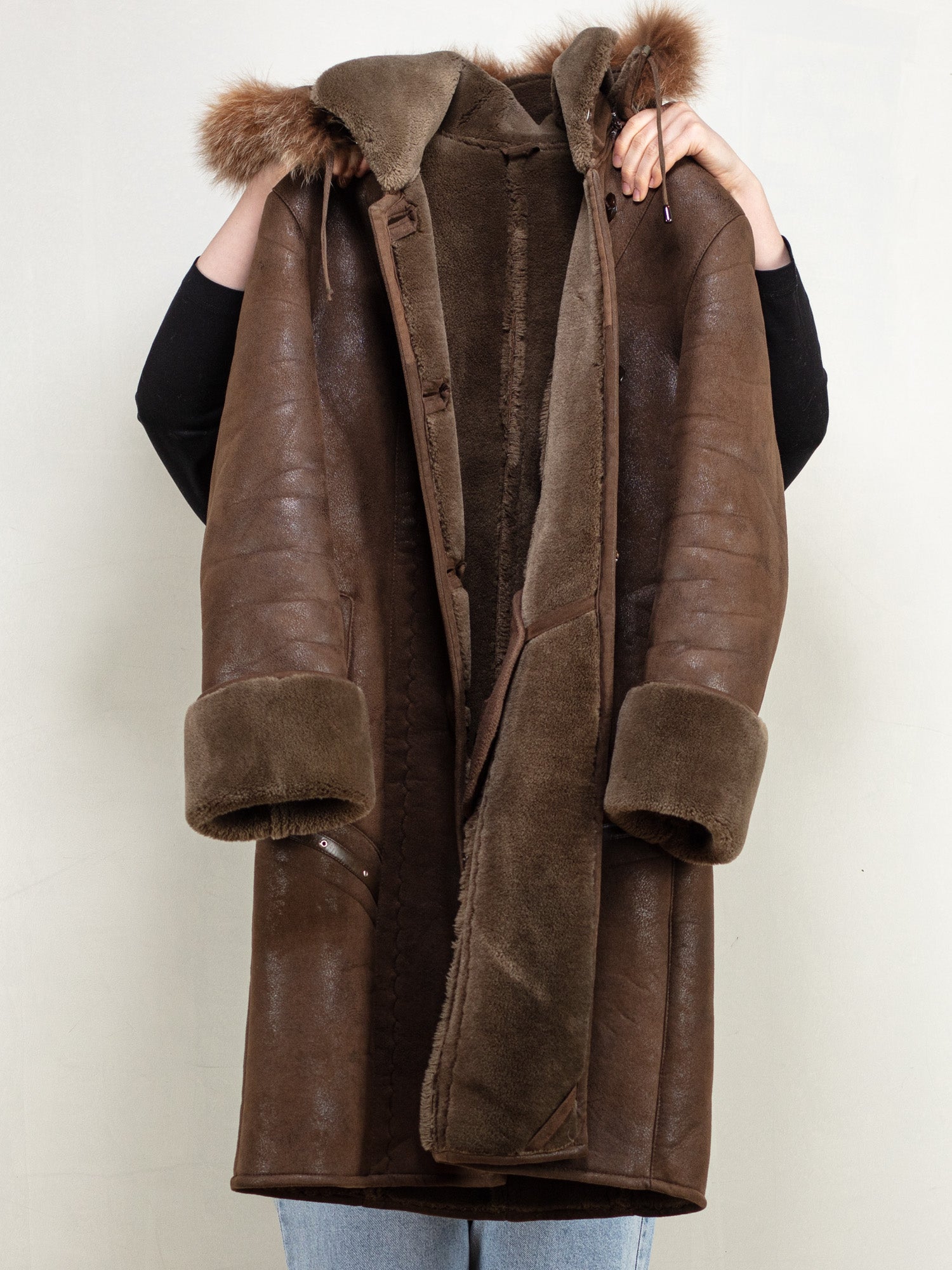 Vintage 90's Women Hooded Faux Suede Coat in Brown