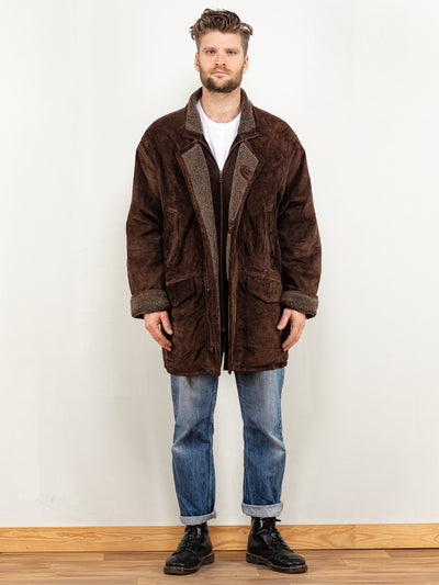Men Suede Coat sherpa 90's vintage brown genuine suede faux shearling casual boho western vintage clothing fashion size extra large XL