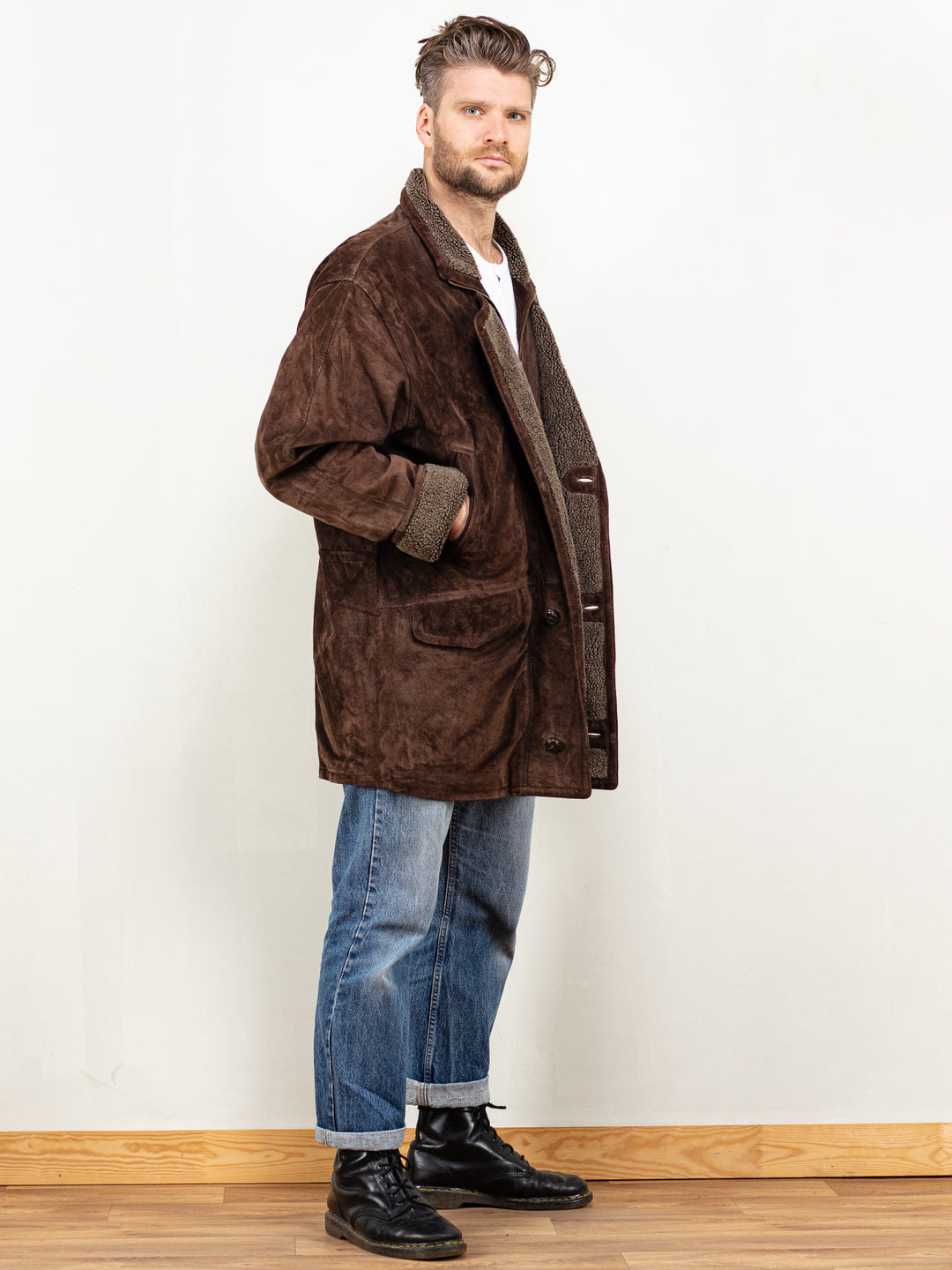 Men Suede Coat sherpa 90's vintage brown genuine suede faux shearling casual boho western vintage clothing fashion size extra large XL