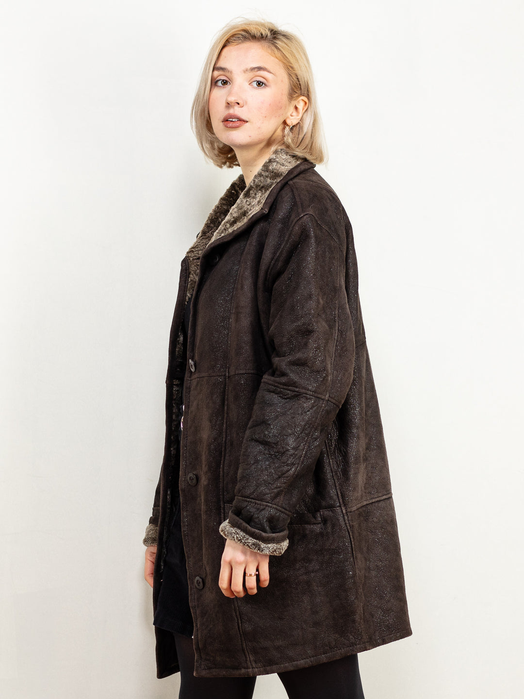 Brown Shearling Coat 90's women vintage boho western style sustainable warm winter overcoat throwback timeless size large