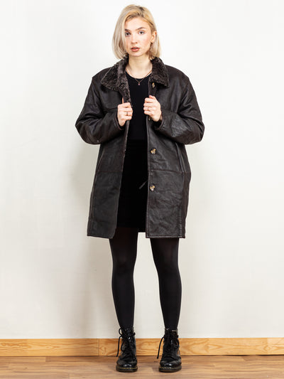 Brown Shearling Coat 90's women vintage boho western style sustainable warm winter overcoat throwback timeless size extra large XL