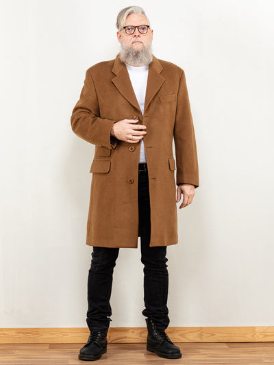 Wool Mix Coat men 90's vintage light longline overcoat classy gentlemen warm brown cashmere wool coat made in spain fashion size medium