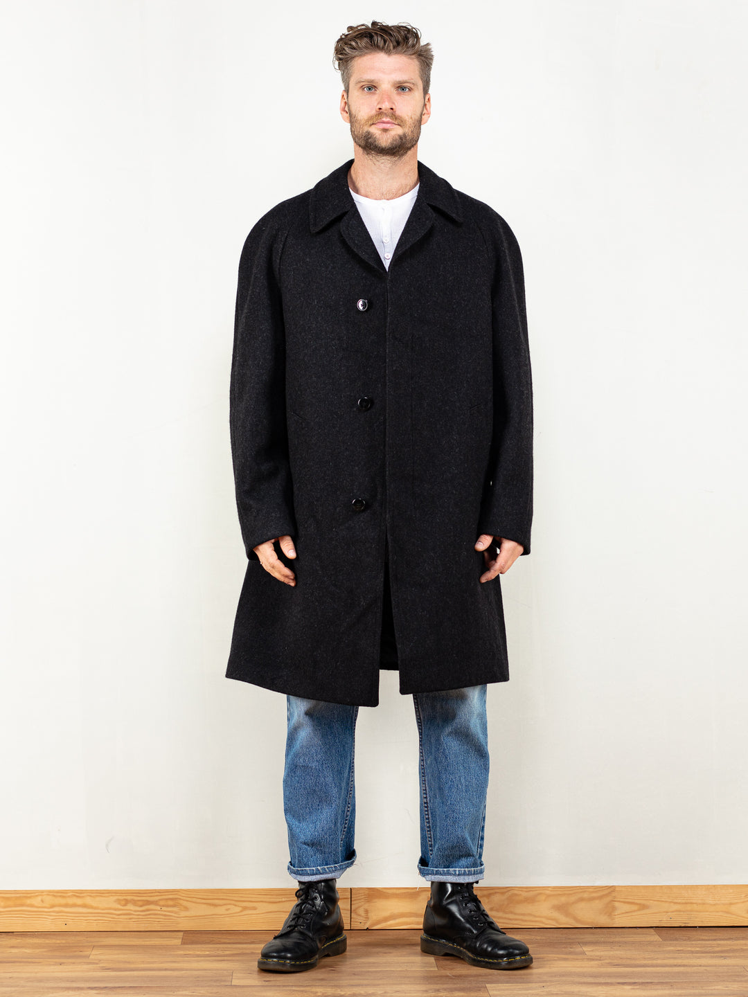 Men Wool Coat 70s dark grey pure wool overcoat classy vintage men retro 70s clothing classic men minimalistic style outerwear size large