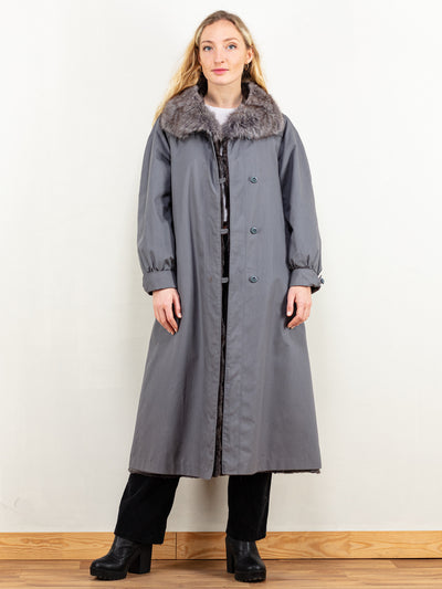 Vintage Women Coat 80's grey longline fur lining women winter outerwear bohemian sustainable style everyday maxi coat size medium