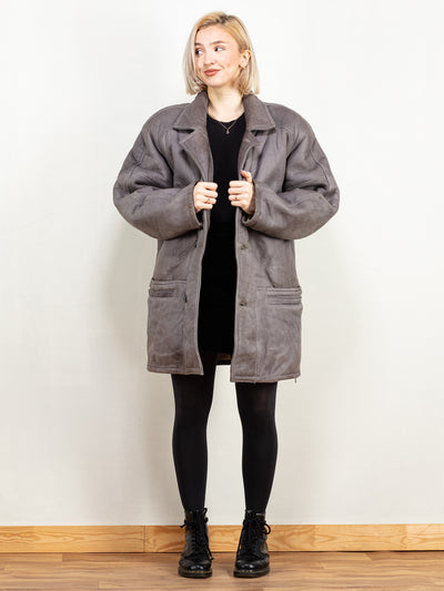Sheepskin Shearling Coat 80's women vintage grey boho western sustainable winter overcoat timeless everyday size extra large XL