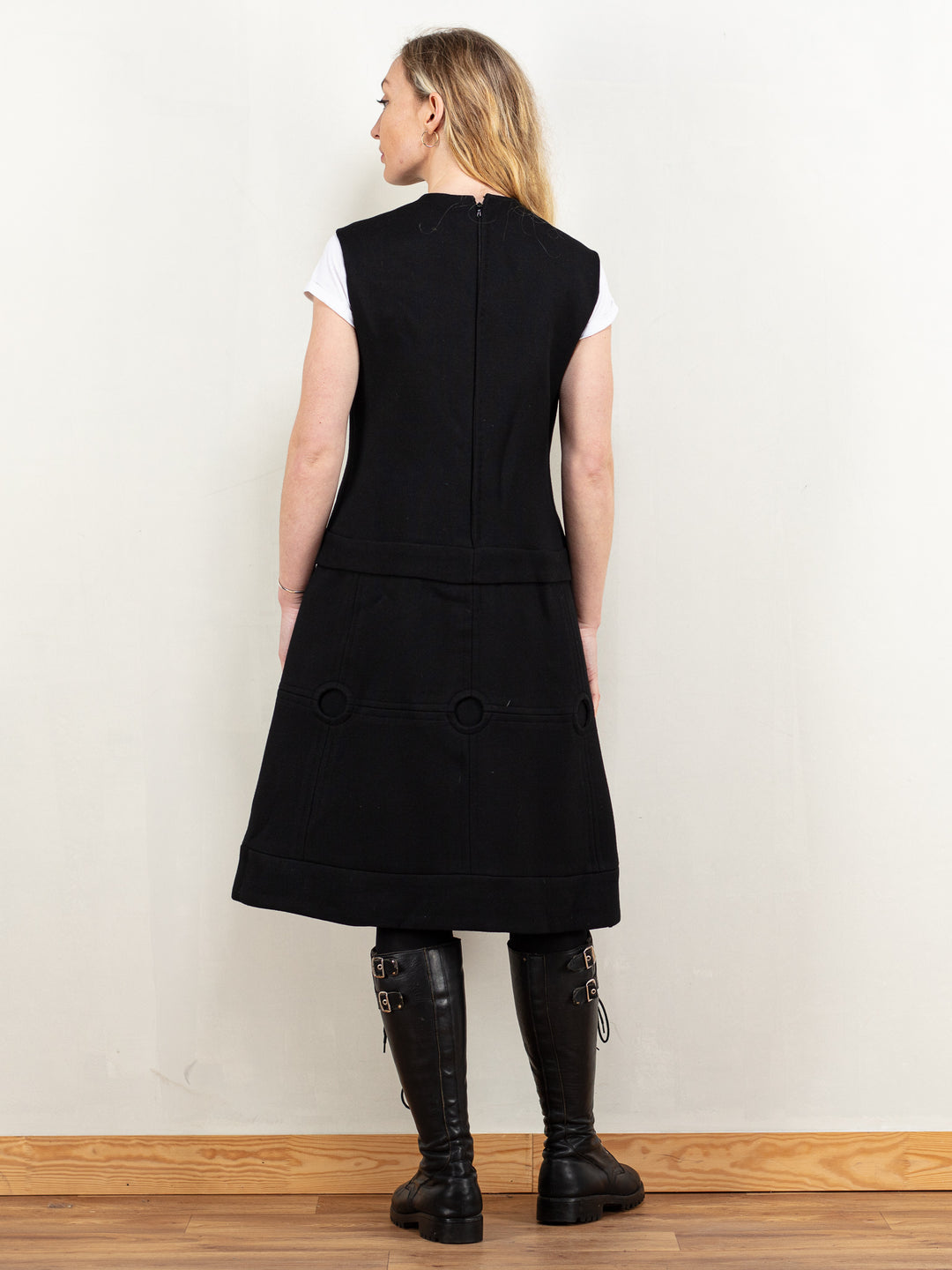 60's Mod Dress vintage shift dress black wool blend flare sleeveless collage retro throwback twiggy eddie sedgwick dress size extra small XS