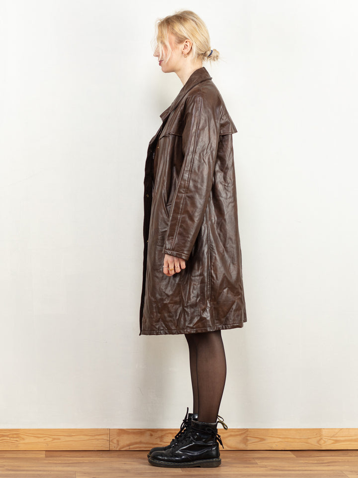 Faux Leather Double-Breasted coat vintage 70s women brown faux leather coat minimalist daisy jones and the six raglan oversized size large