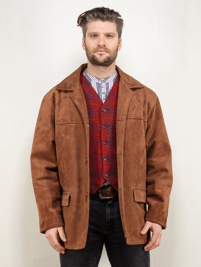 Men Faux Suede jacket 90's vintage brown faux suede blazer western street style minimalist streetwear sustainable sports coat size large