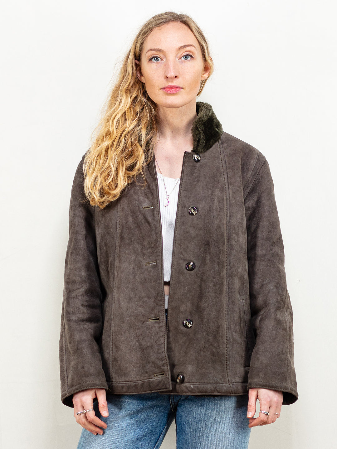 Sheepskin Shearling Jacket vintage 80's women grey suede leather shearling blazer soft flexible overcoat vintage outwear size large