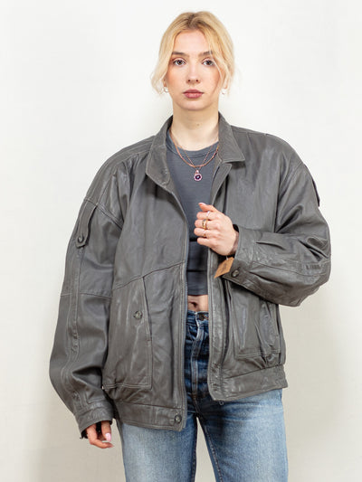Oversized Leather Jacket 80s soft worn in biker zip up motorcycle jacket edgy grey biker jacket outerwear racing jacket size extra large XL