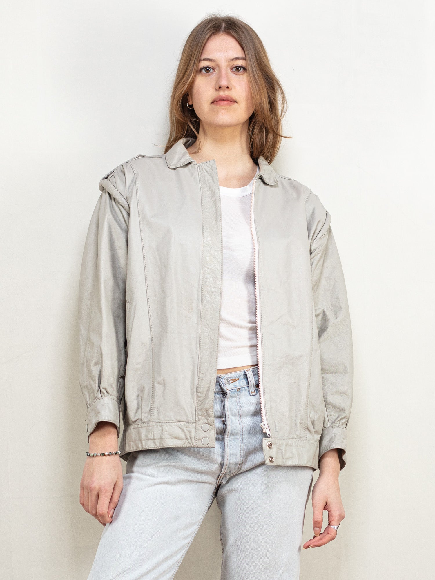 Online Vintage Store | 80's Women Gray Leather Jacket | Northern