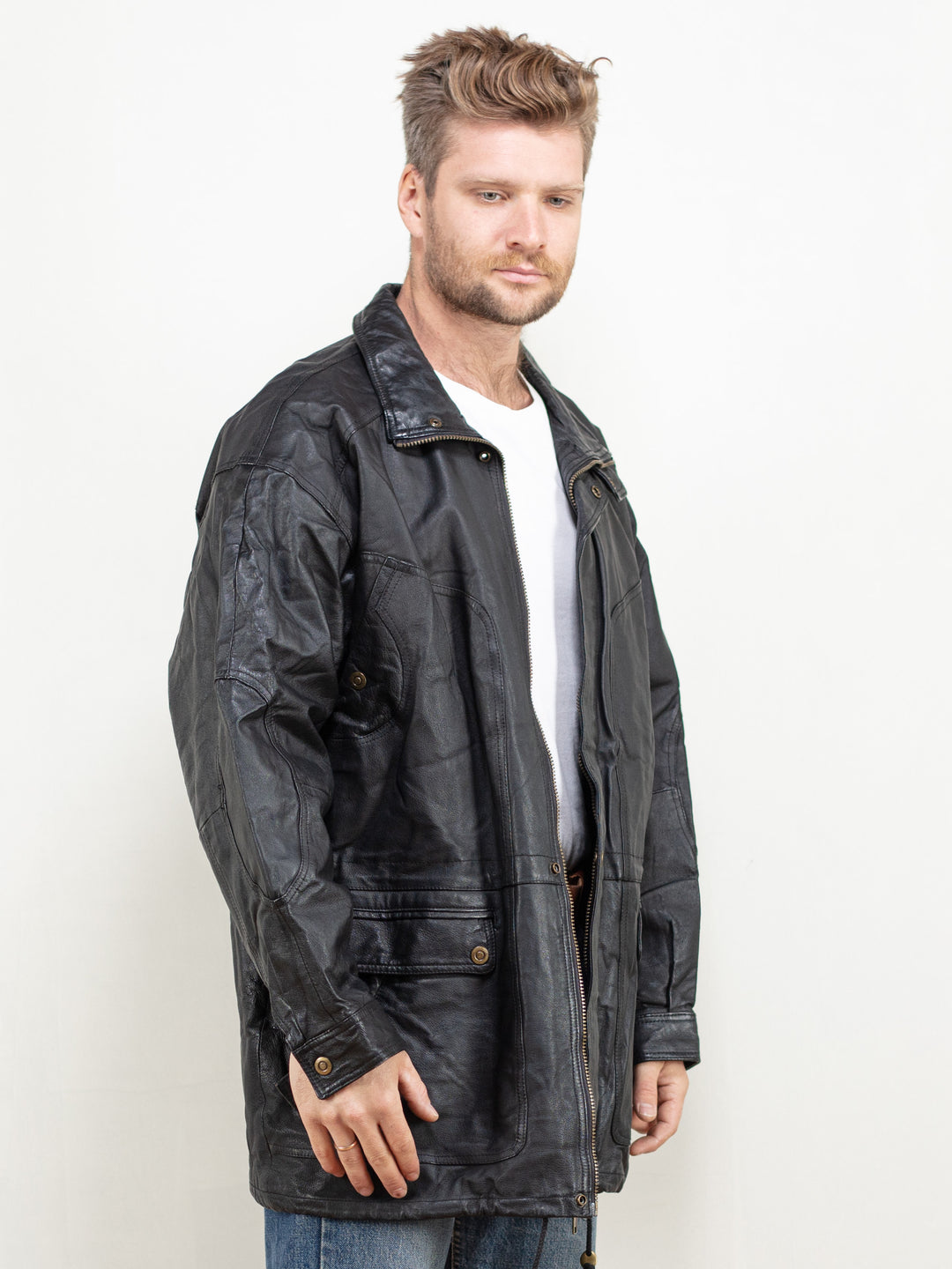 Vintage 90's Men Leather Parka Jacket