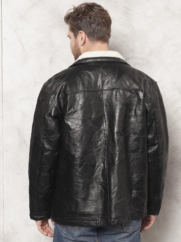 Vintage 80's Patchwork Leather Coat 80s Vintage Faux Sheepskin Jacket Winter Black Leather Jacket Overcoat Outerwear Long Jacket size Large