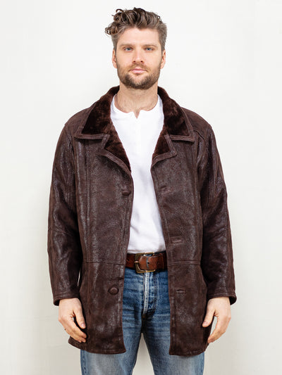 Men Sheepskin Coat 90's vintage men coat brown suede shearling coat western style classy 90s retro vintage men clothing size large L
