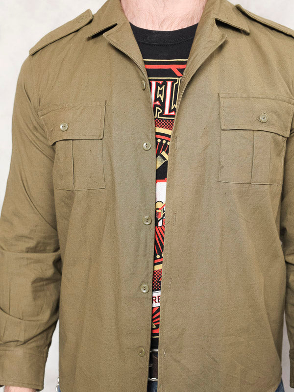 Vintage 70's Military Shirt vintage army button up slip khaki green 70s jacket romanian army boyfriend gift size small s