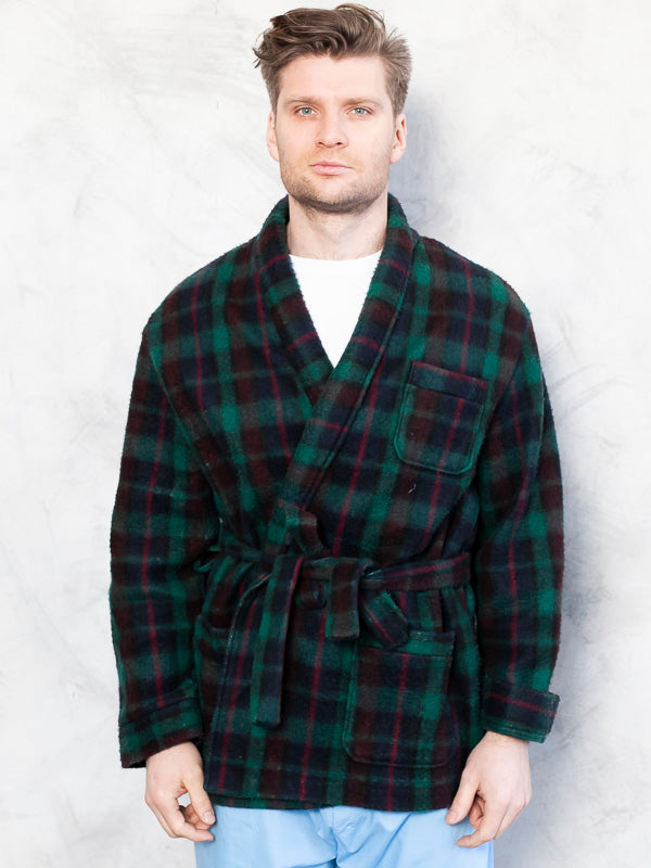 Vintage Smoking Jacket plaid green bath robe cigar 90s loungewear men gift idea hugh hefner style size large l