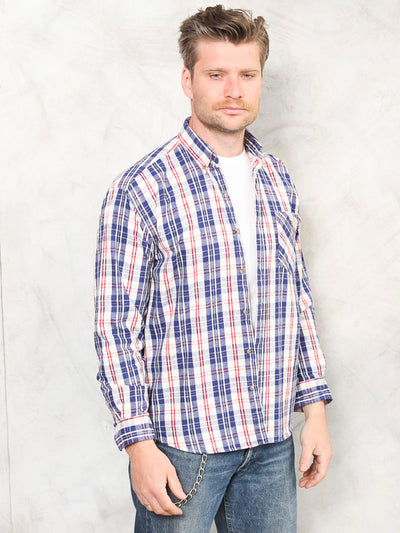 Plaid Men Shirt vintage 90s cotton summer shirt button down short sleeve men clothing gift idea size small s