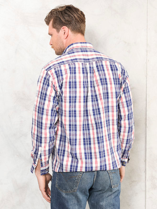 Plaid Men Shirt vintage 90s cotton summer shirt button down short sleeve men clothing gift idea size small s