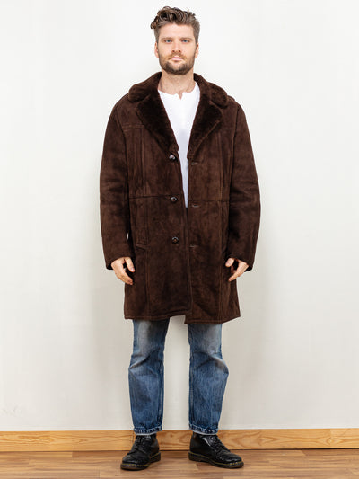 Sheepskin Coat Men 70's vintage men coat brown sheepskin suede shearling winter coat boho western style overcoat men clothing size large L
