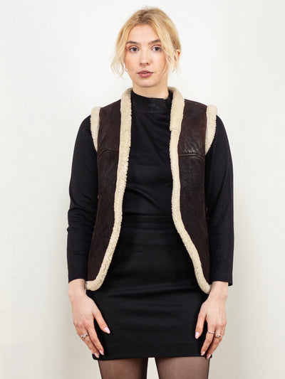 Sheepskin Shearling Vest vintage 70s women brown gilet sleeveless jacket boho glam maximalist layering afghan soft warm size extra small XS