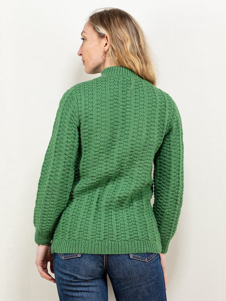Half Zip Sweater vintage 90's cable knit casual minimalist apres ski green wool blend pullover women jumper sustainable size extra small XS