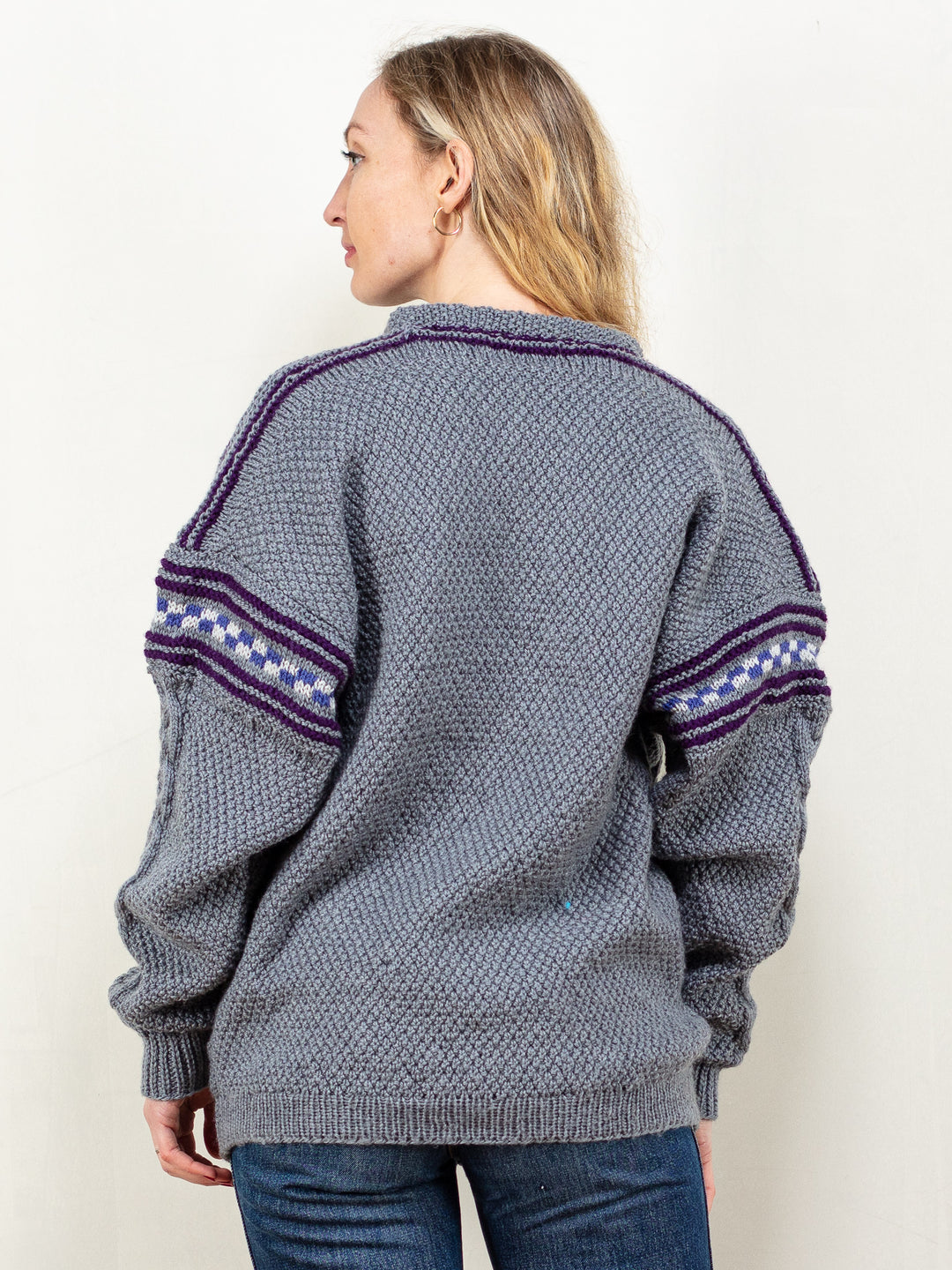 Hand Knit Sweater vintage 90's chunky knit cable knit sweater apres ski grey patterned jumper winter pullover women sustainable size medium