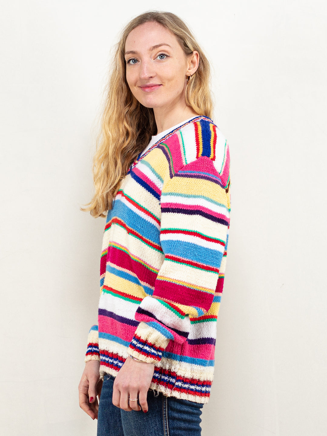 Hand Knit Sweater vintage 90's chunky knit stripe v neck sweater apres ski cottagecore knit jumper winter pullover women size large