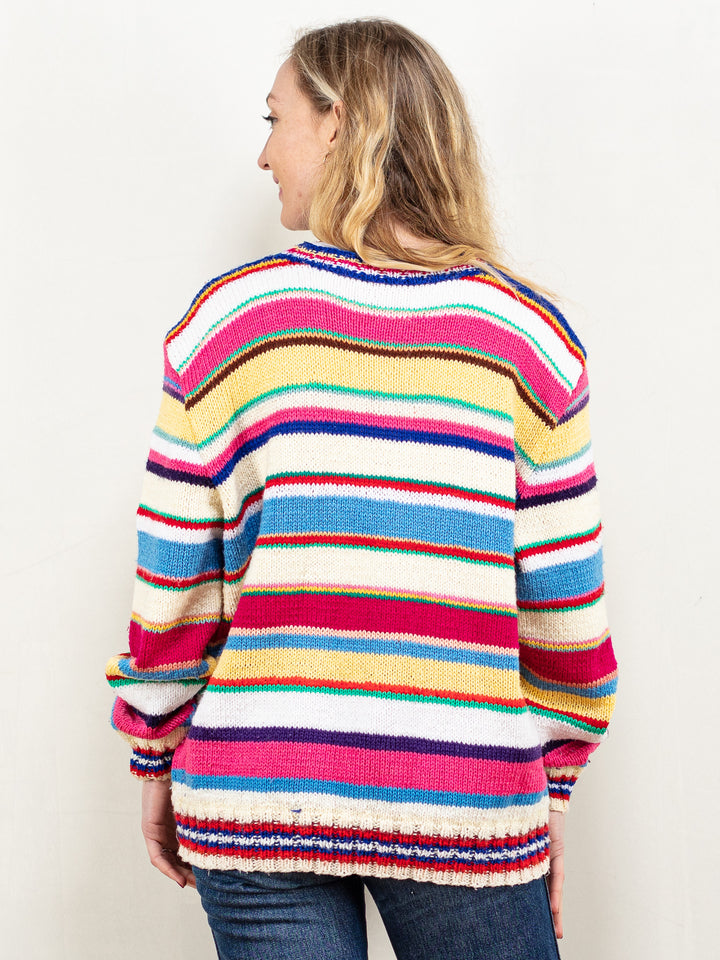 Hand Knit Sweater vintage 90's chunky knit stripe v neck sweater apres ski cottagecore knit jumper winter pullover women size large
