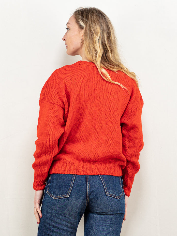 Hand Knit Sweater vintage 90's handmade knit red crew neck sweater apres ski cottagecore knit jumper winter pullover women size medium