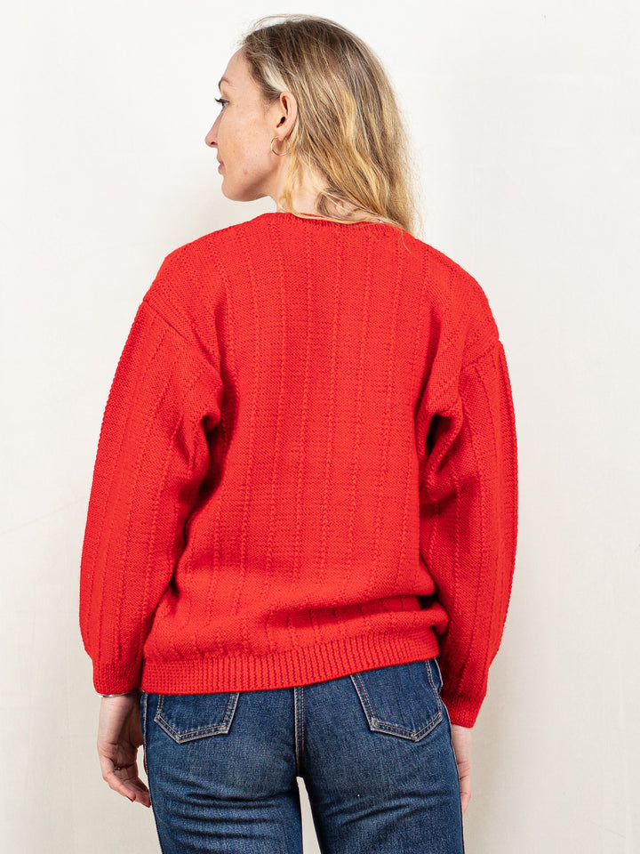 Hand Knit Sweater vintage 90's chunky knit red v neck sweater apres ski cottagecore knit jumper winter pullover women clothing size medium