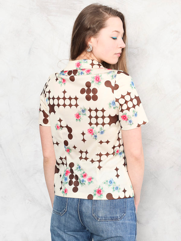 70s Floral Top pointy collar shirt patterned retro geometric print top flower boho bold shirt women vintage clothing size xs extra small