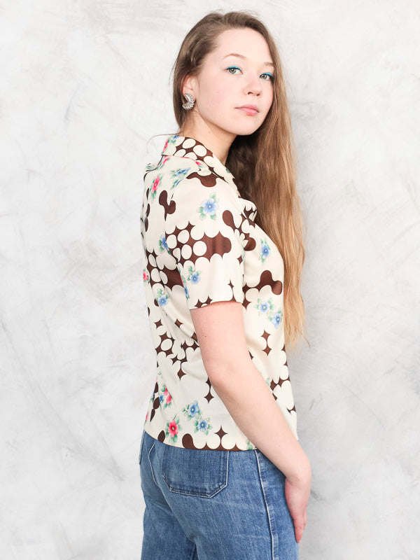 70s Floral Top pointy collar shirt patterned retro geometric print top flower boho bold shirt women vintage clothing size xs extra small