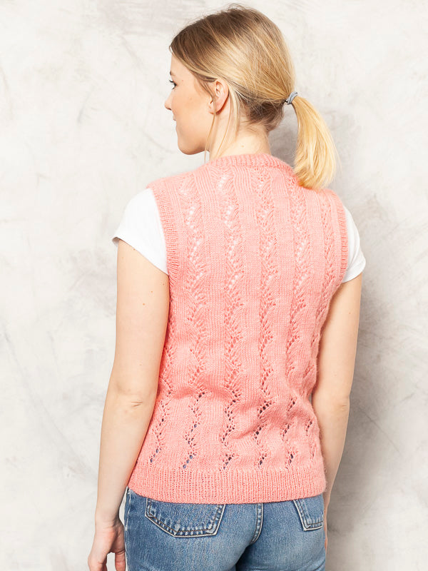  70s Pink Vest Knitted Sleeveless Sweater V-Neck Knit Top Wool Sweater Preppy Button Up Vest Grandma Knitwear Women Vintage Clothing size XXS