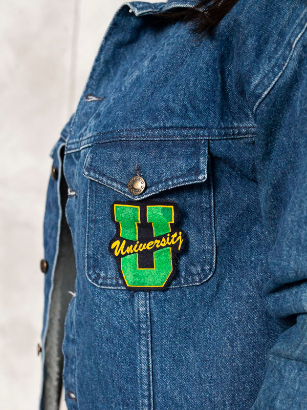 Denim College Jacket sherpa lined outerwear jean trucker jacket casual unisex streetwear retro 80s wear women vintage clothing size medium
