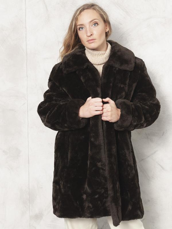 80s Oversized Coat Faux Fur Coat Vegan Brown Coat Teddy Coat Cozy Jacket Eco Friendly Coat Winter Outwear Women Vintage Clothing size Large