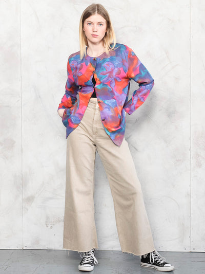 Vintage Boho Shirt 80s women artist bold blouse abstract print mod floral shirt tie dye long sleeve top summer vintage clothing size small