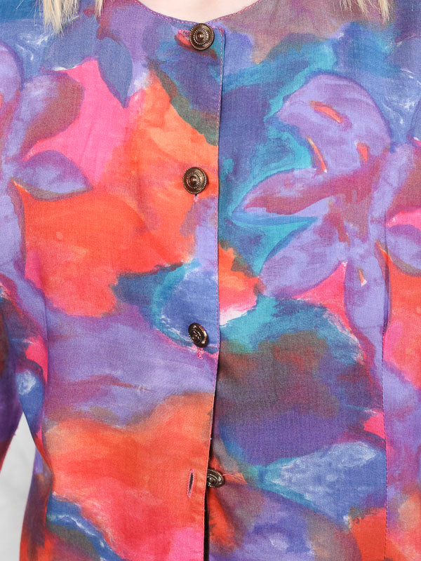 Vintage Boho Shirt 80s women artist bold blouse abstract print mod floral shirt tie dye long sleeve top summer vintage clothing size small