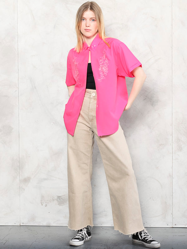 Summer Women Shirt embroidered vintage blouse boho pink short sleeve shirt minimalist longline shirt spring clothing artist wear size medium