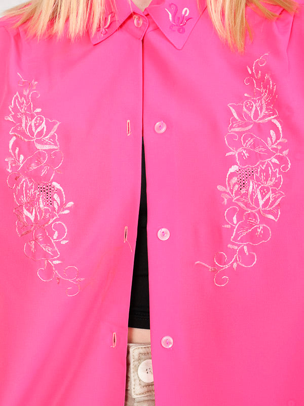 Summer Women Shirt embroidered vintage blouse boho pink short sleeve shirt minimalist longline shirt spring clothing artist wear size medium