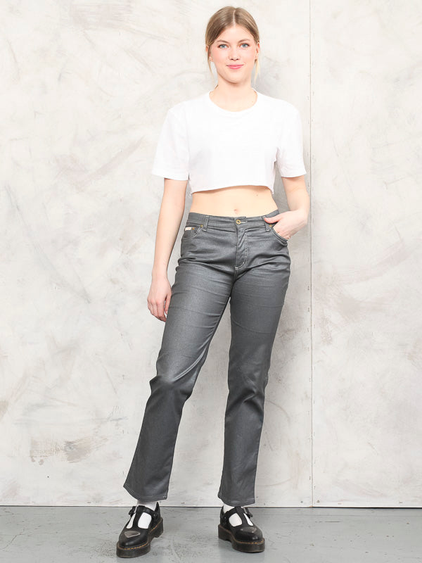 Silver Party Jeans 80s boho skinny mid rise pants flare wide leg pants women vintage spring clothing minimalist casual pants size small