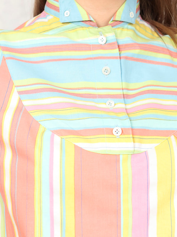 70s Striped Blouse longline boho bold summer shirt wing tip collar top cotton long sleeve shirtdress retro vintage clothing women size small