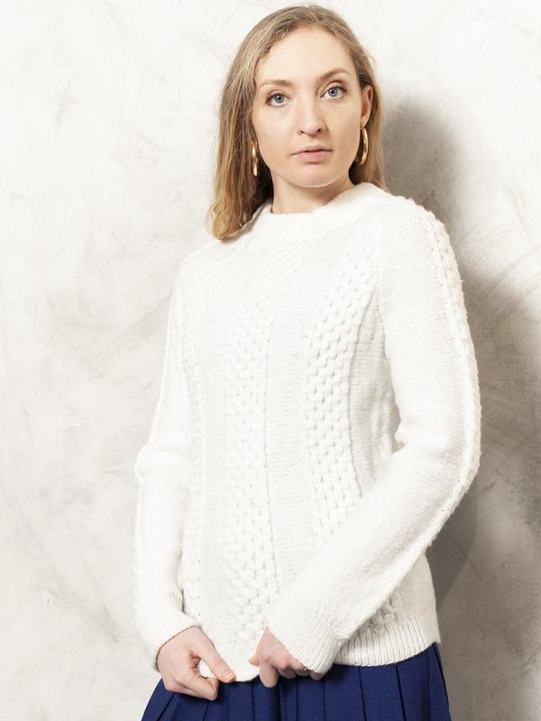  White Knit Sweater Vintage 80s Knitted Pullover Women Preppy Sweater Cozy Knitwear Winter Jumper Women Clothing size XS Extra Small XXS